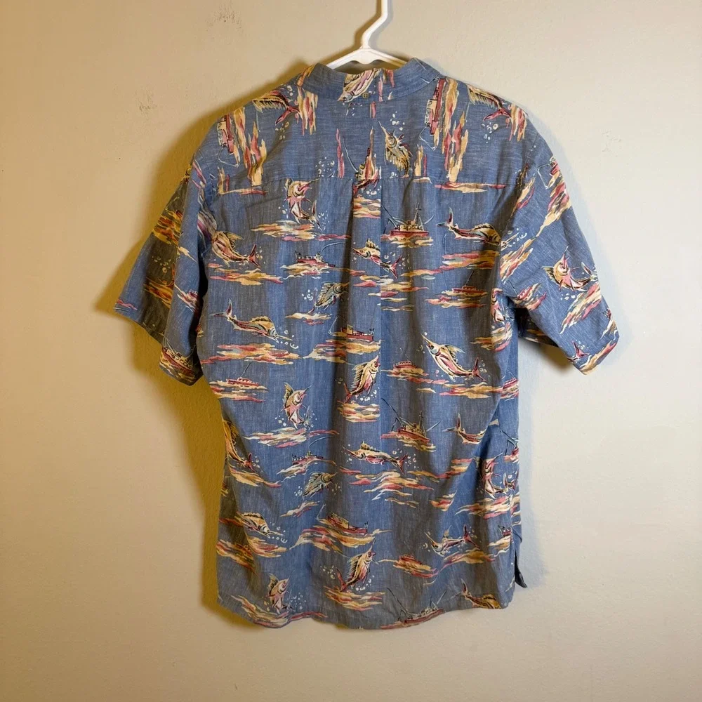 Kahala Mens Blue Cotton Marlin‎ Fishing Boat Hawaiian Aloha Shirt M Handcrafted